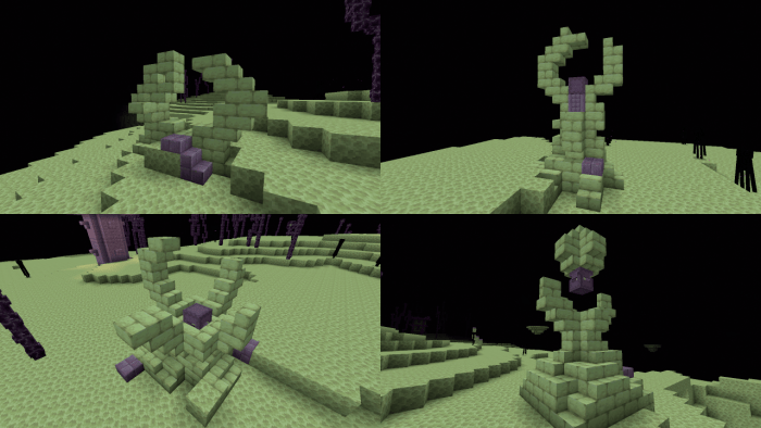 Four green block structures in a dark landscape.