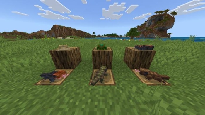 New mobs displayed on logs in grassy field.