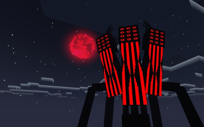Red-eyed entity under a red moon.