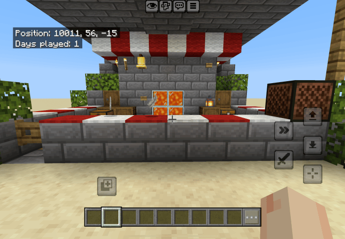 Lava-themed food shack with striped awning