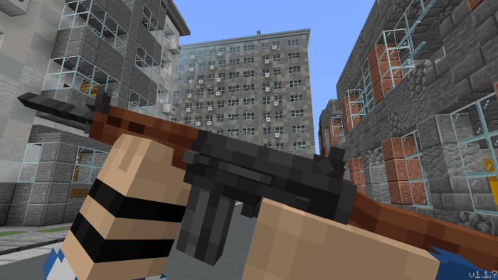Blocky gun held in a city street scene