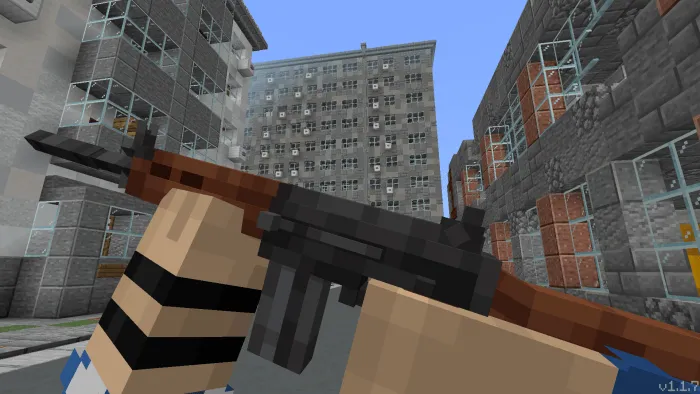 Blocky gun held in a city street scene