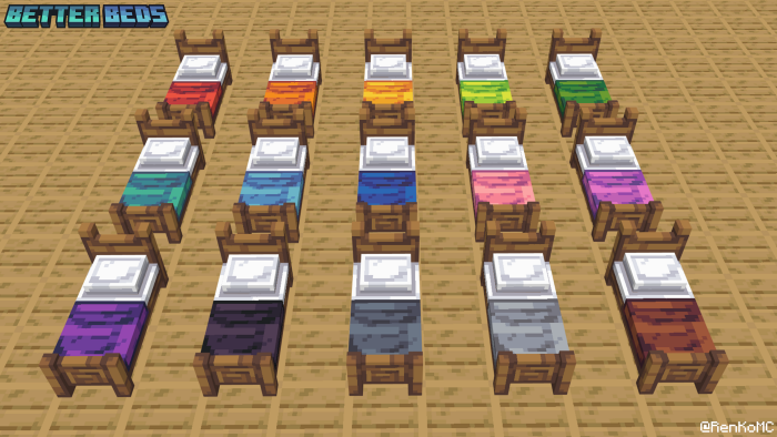 Colorful 3D beds arranged in rows.