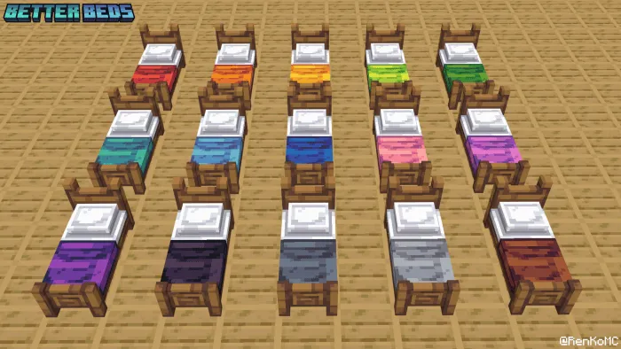 Colorful 3D beds arranged in rows.
