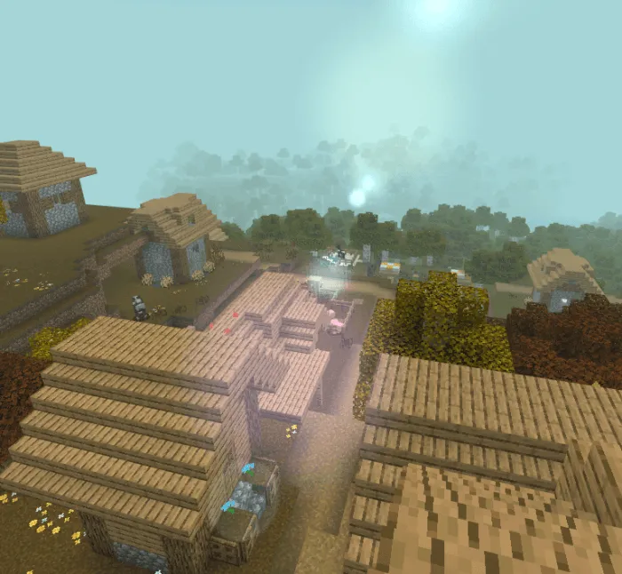 Sunlit village with enhanced fog and clouds