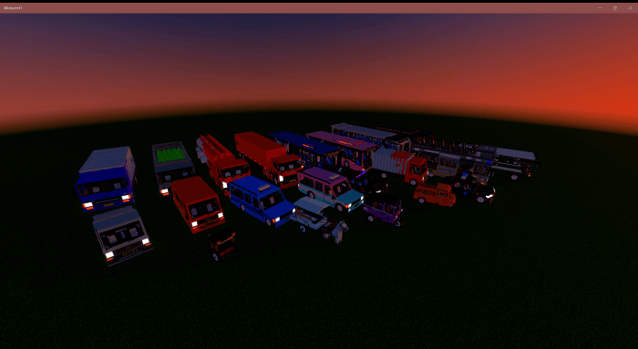 Indonesian vehicles in a sunset scene.