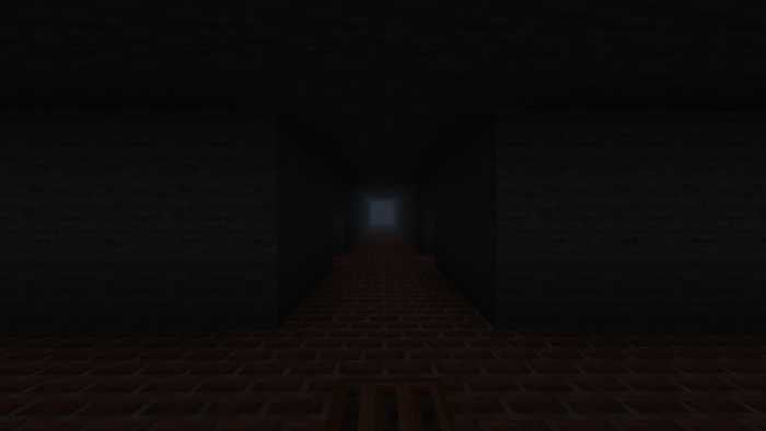 Dark brick hallway with a mysterious light ahead