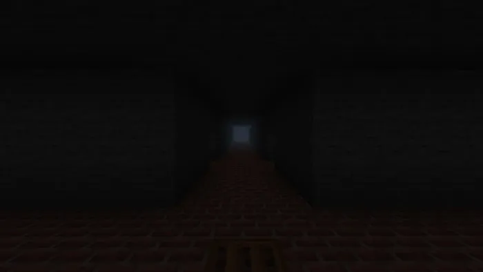 Dark brick hallway with a mysterious light ahead