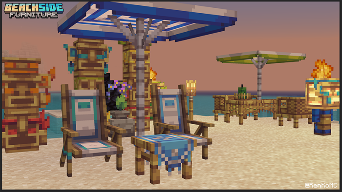 Beachside chairs and umbrellas.