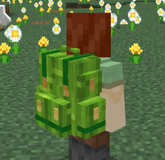 Character with green backpack in flowers.