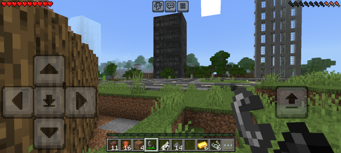 Overgrown city ruins with tall buildings