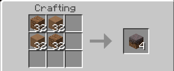 Podzol crafting recipe with dirt blocks.