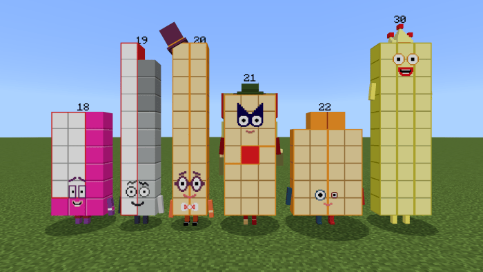 Minecraft Numberblocks characters lineup.