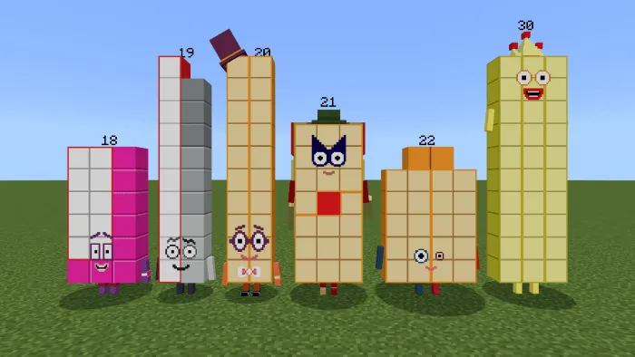 Minecraft Numberblocks characters lineup.