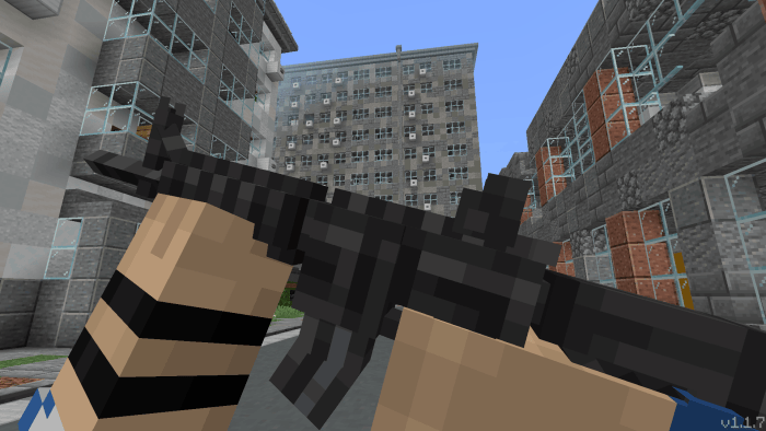 Blocky assault rifle held in city street