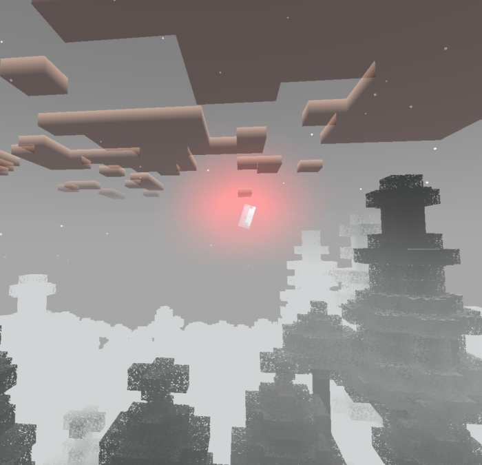 Eerie forest with glowing pink light.
