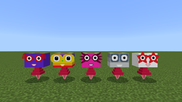 Five colorful Numberblock characters.