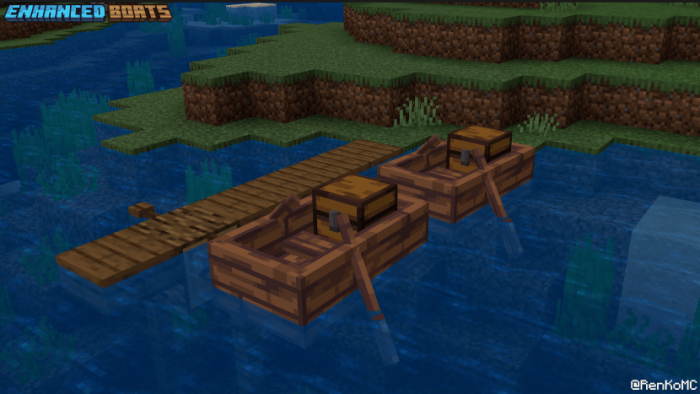 Two enhanced wooden boats by a dock.