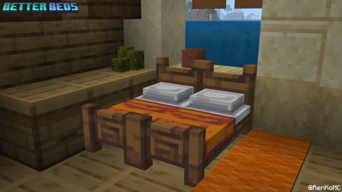 3D wooden bed with orange bedding.