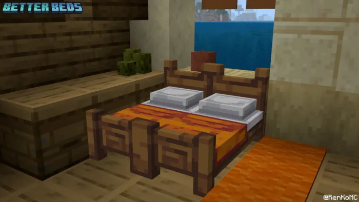 3D wooden bed with orange bedding.