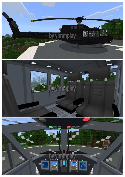 1. Black helicopter on landing pad 2. Interior seats of helicopter 3. Helicopter cockpit with control panels