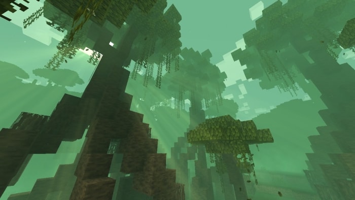 Blocky jungle with green fog.