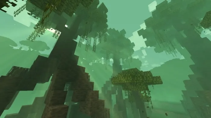 Blocky jungle with green fog.