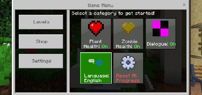 ALT Game menu with health and settings options