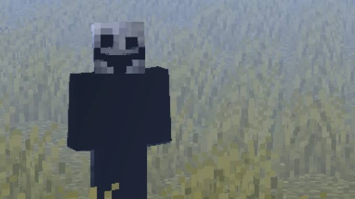 Blocky figure with a skull-like face.