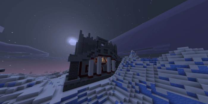 Snowy fortress at night.