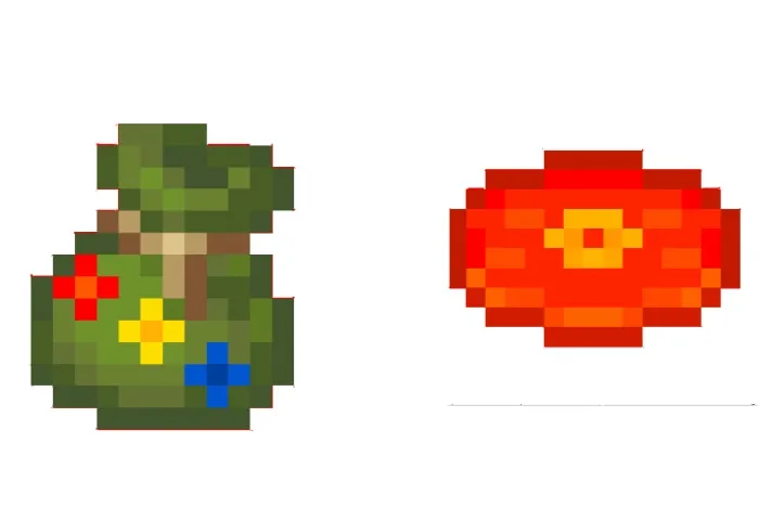 Green pouch and red flower pixel art