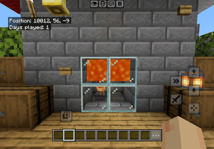Glass window showing lava and a chicken inside
