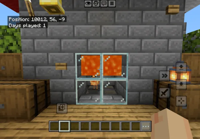 Glass window showing lava and a chicken inside