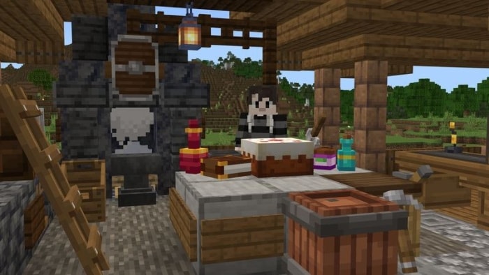Character in a wooden cabin with items.