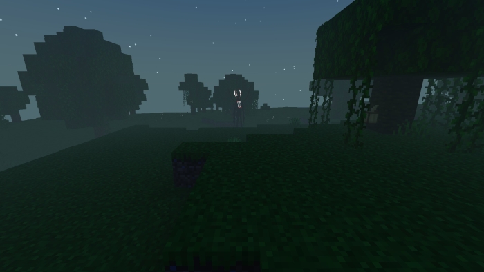 Dark forest with eerie creature ahead.