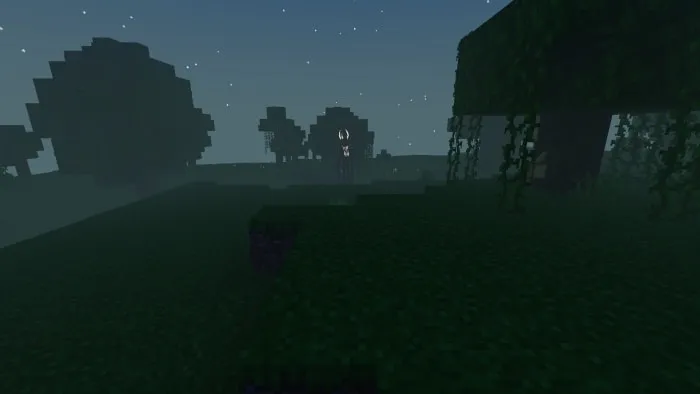 Dark forest with eerie creature ahead.