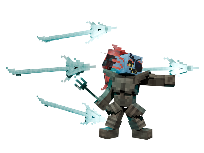 Blocky monster character summons blue spears