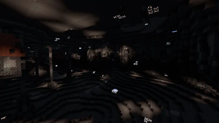 Glowing ores in a dark cave.
