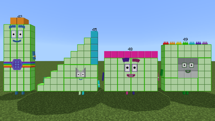 Blocky number characters on grass.
