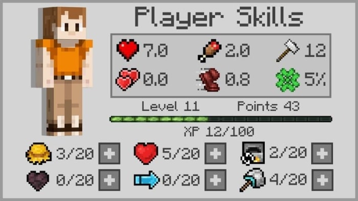 Player skills menu with stats and levels.