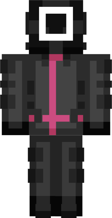 Pixel character in black suit with pink trim
