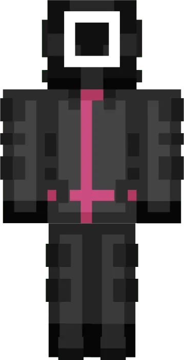 Pixel character in black suit with pink trim