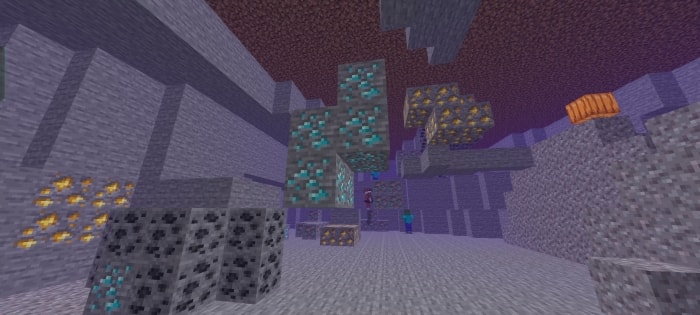 Blocky cave with exposed ores.
