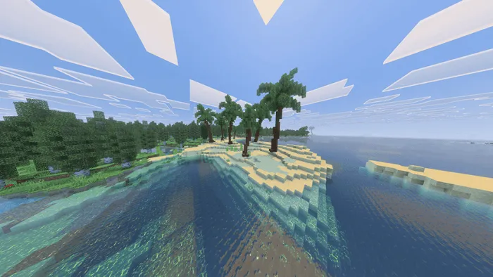 Sandy shore with palm trees.