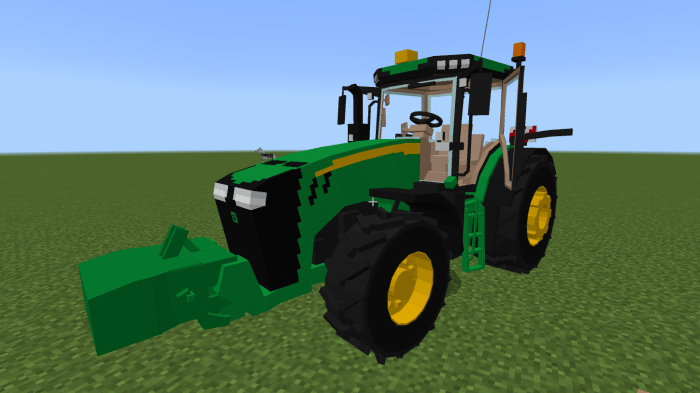 Pixelated green tractor on grass.