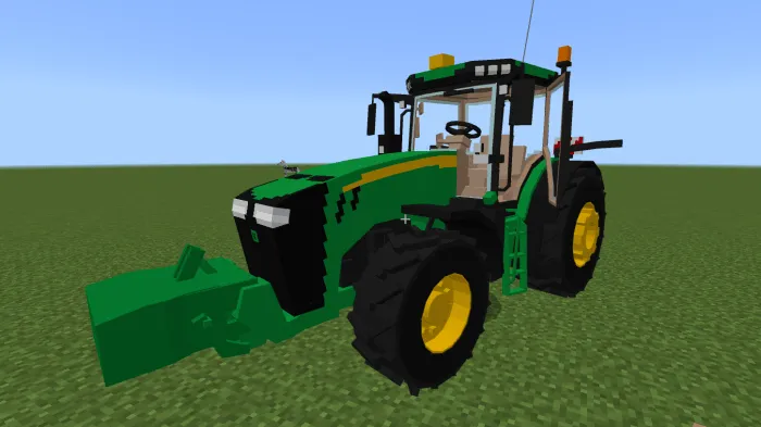 Pixelated green tractor on grass.