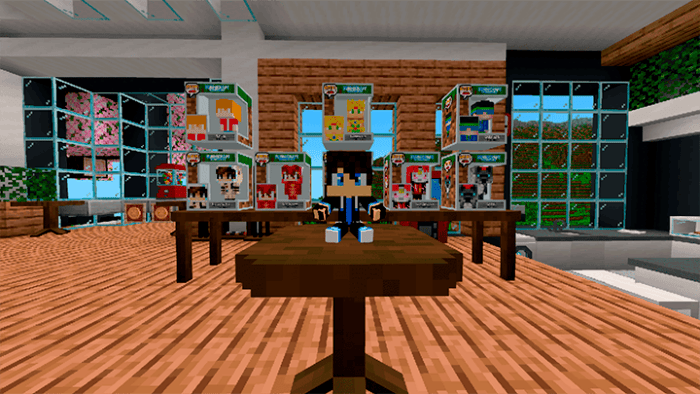 Minecraft character in a virtual room.