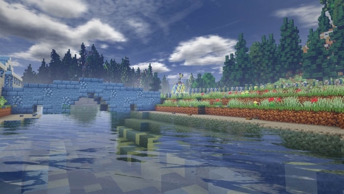 Realistic water and sky with stone bridge