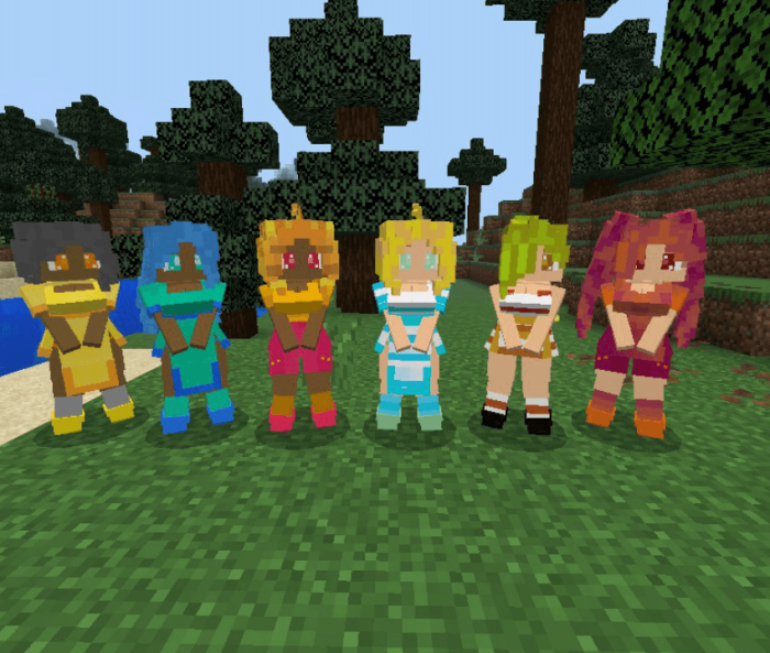 Colorful pixel mermaids in a forest.