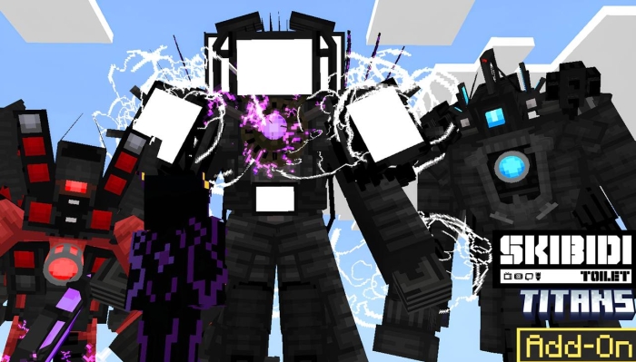 Three robotic titans with glowing effects.